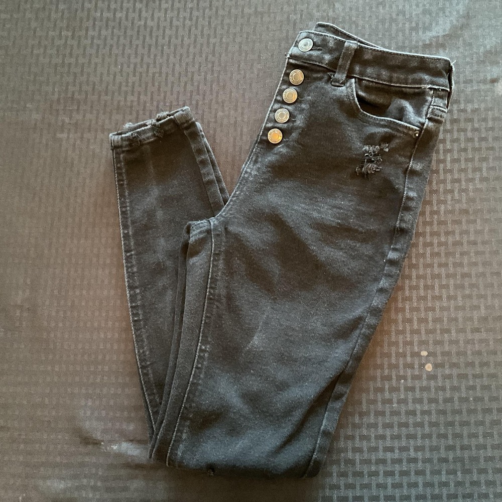 Vanilla Star Jeans Womens 3 Black High Rise Skinny Distressed Button Fly Raw Hem